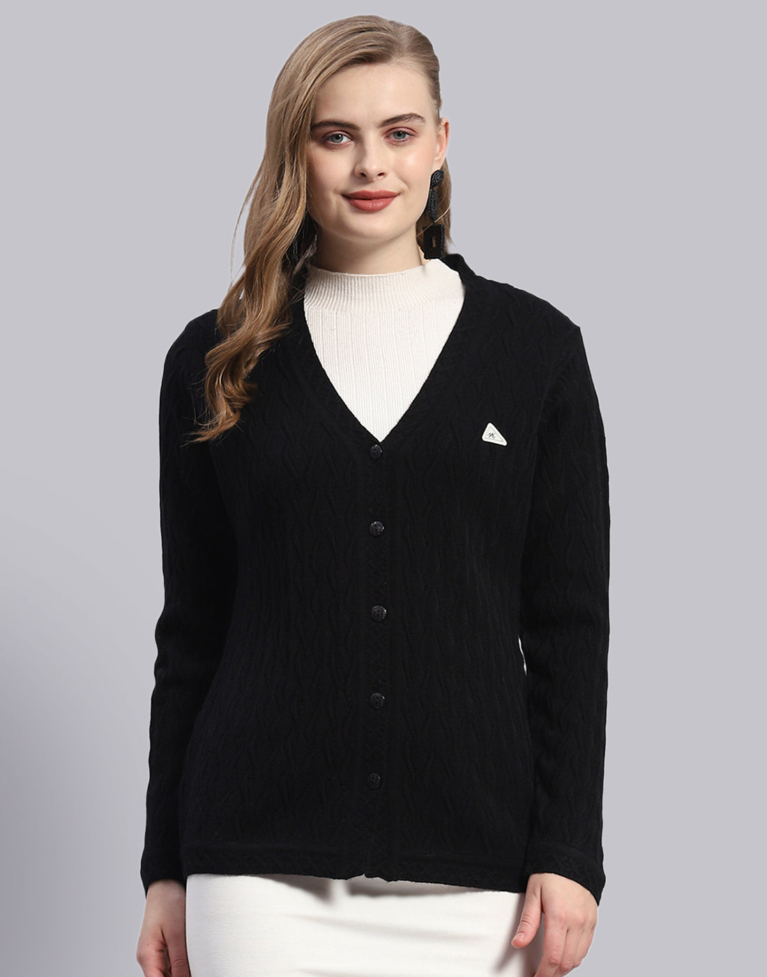 Women Black Solid V Neck Full Sleeve Cardigan