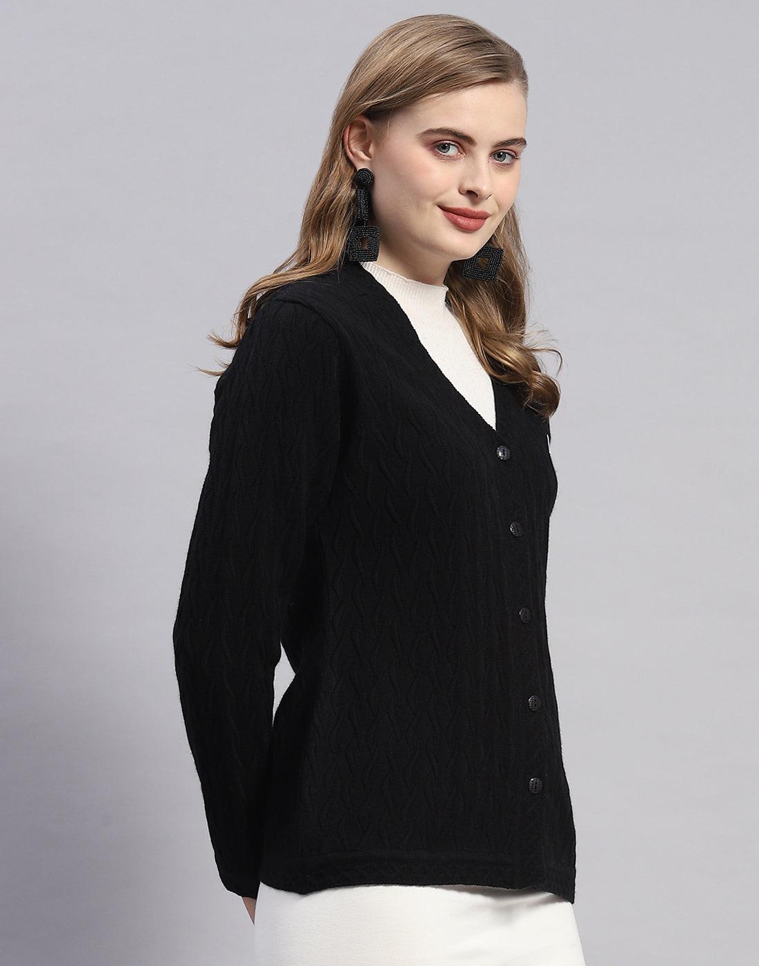 Women Black Solid V Neck Full Sleeve Cardigan