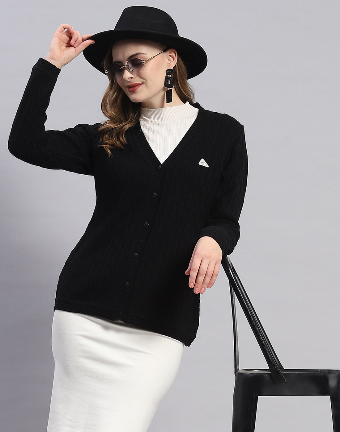 Women Black Solid V Neck Full Sleeve Cardigan