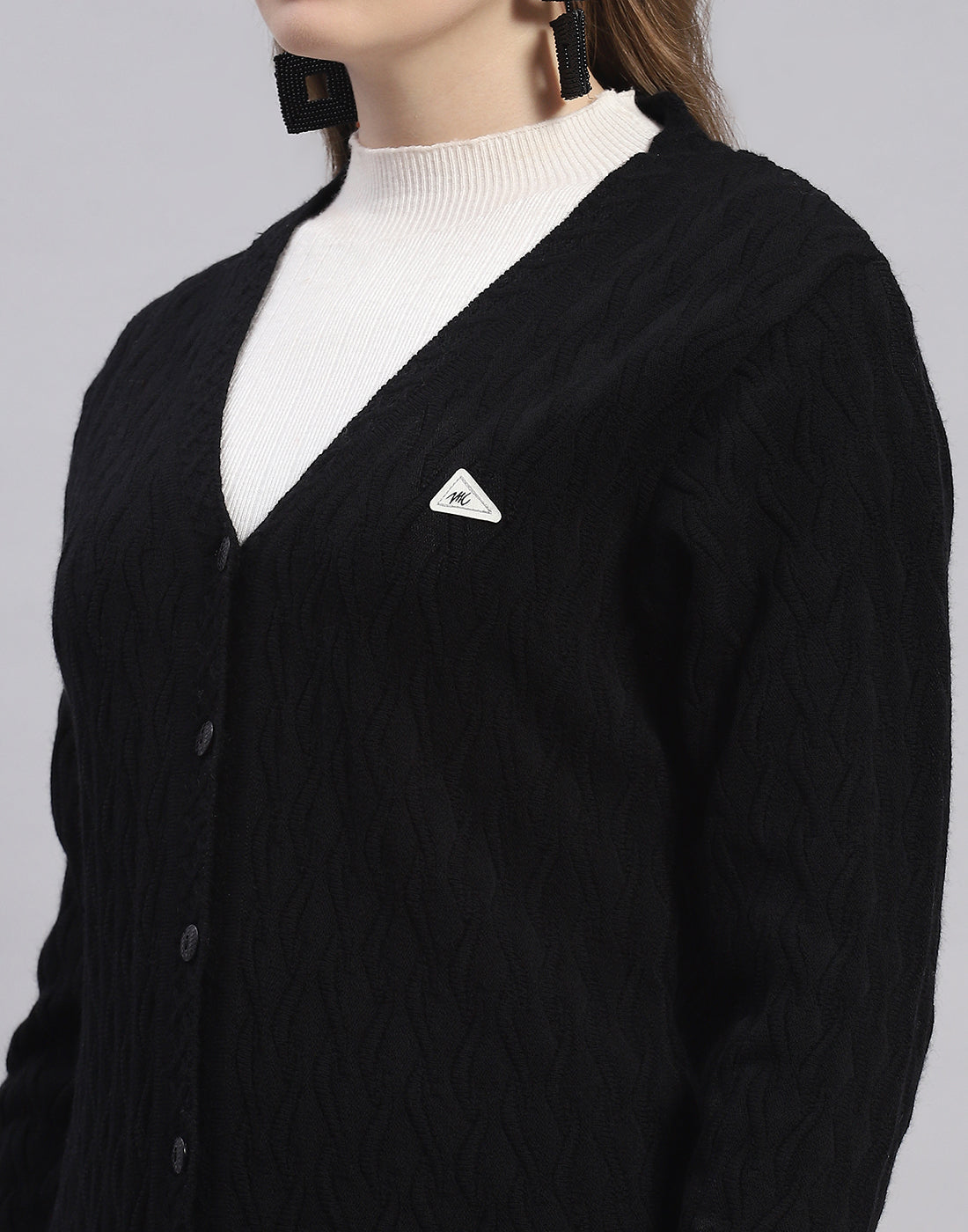 Women Black Solid V Neck Full Sleeve Cardigan