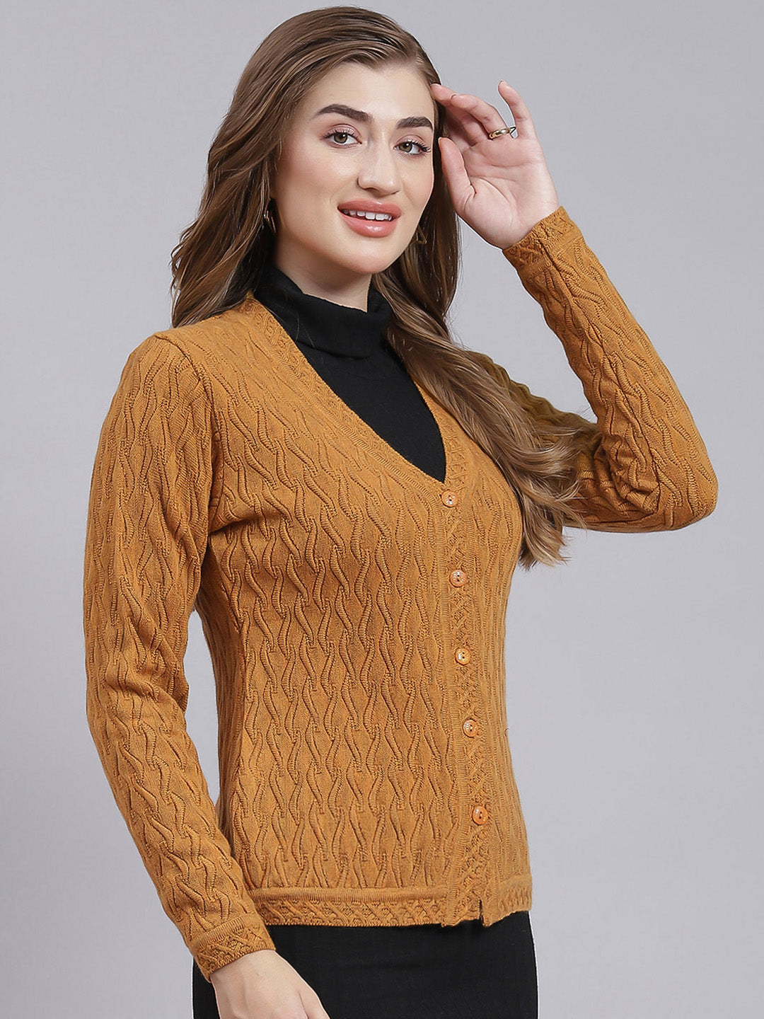 Women Mustard Self Design Wool blend Cardigan