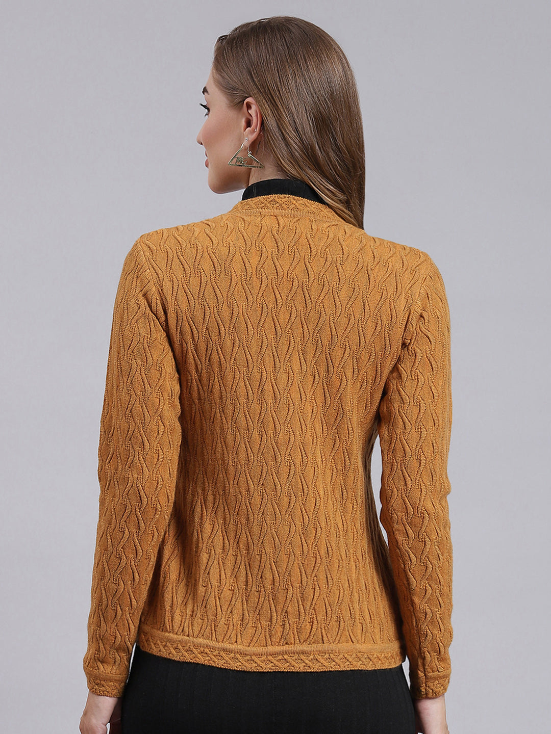 Women Mustard Self Design Wool blend Cardigan