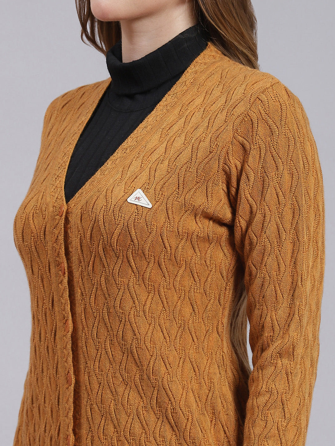 Women Mustard Self Design Wool blend Cardigan