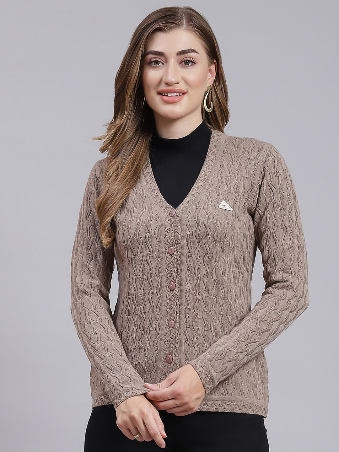 Women Brown Self Design Wool blend Cardigan