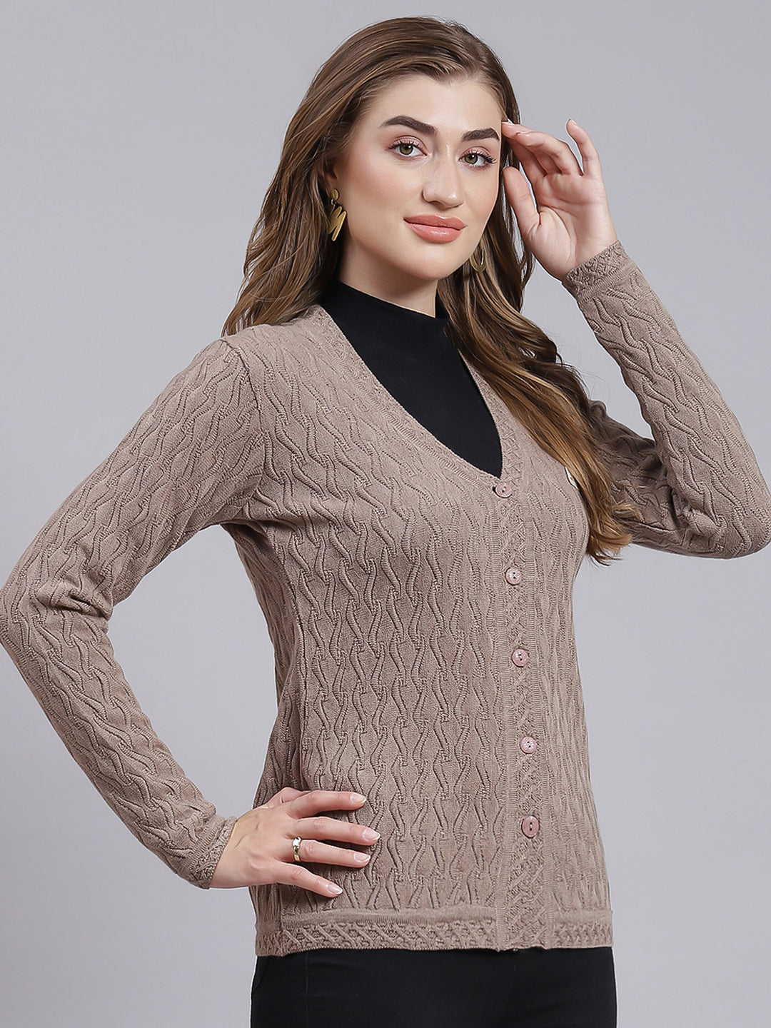 Women Brown Self Design Wool blend Cardigan