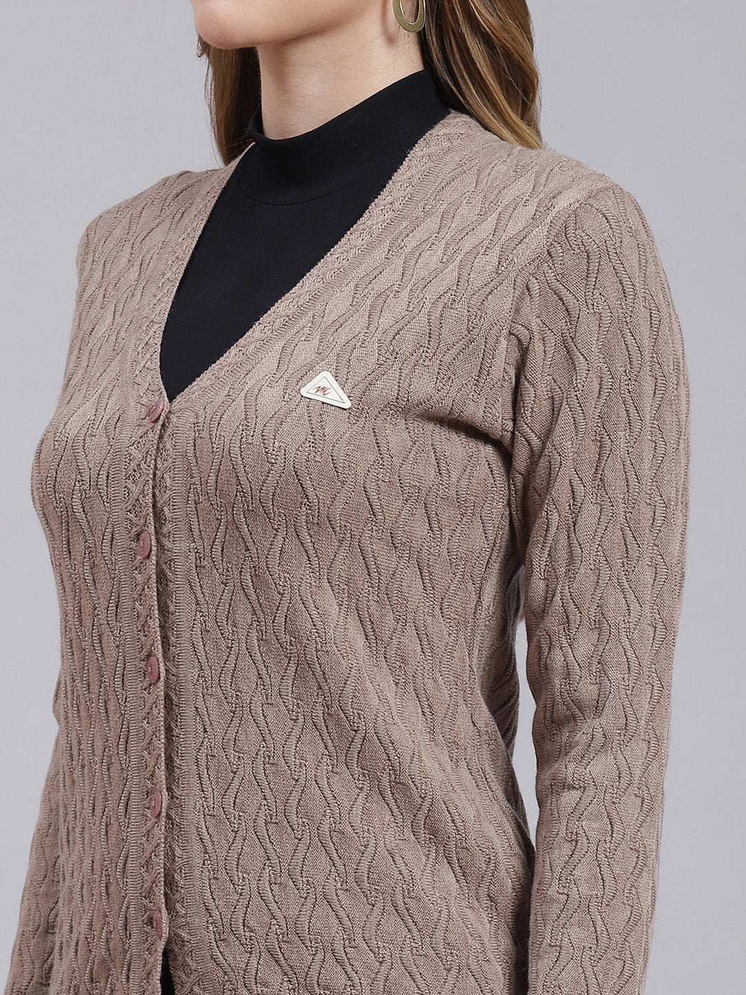 Women Brown Self Design Wool blend Cardigan