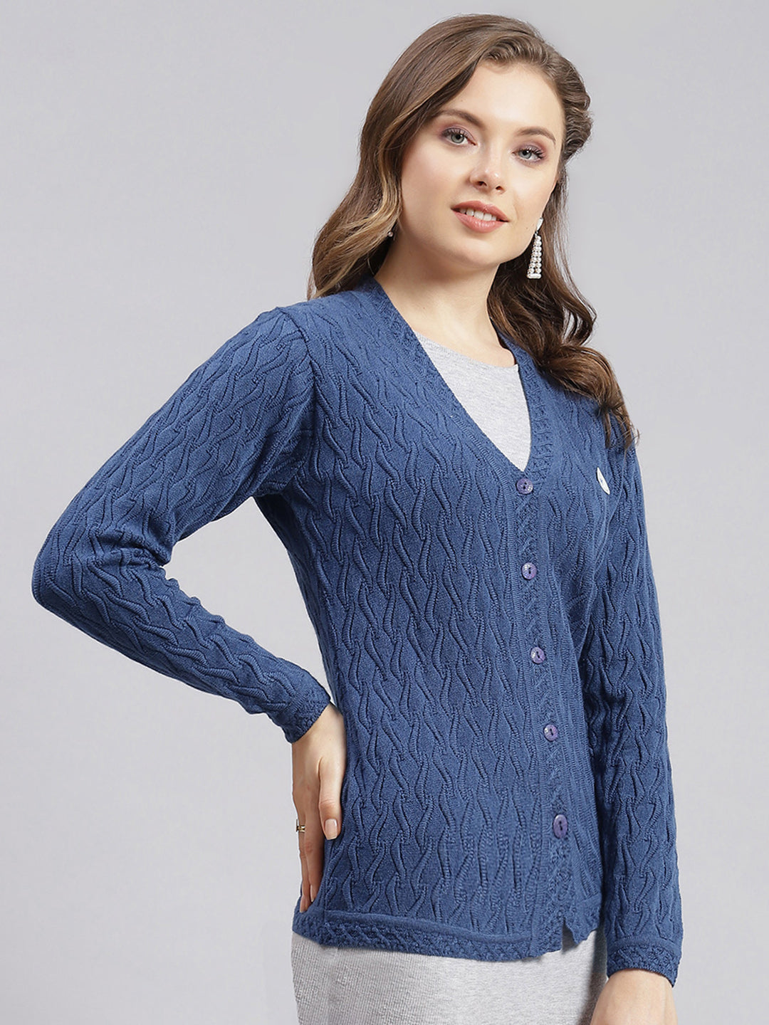 Women Blue Self Design Wool blend Cardigan