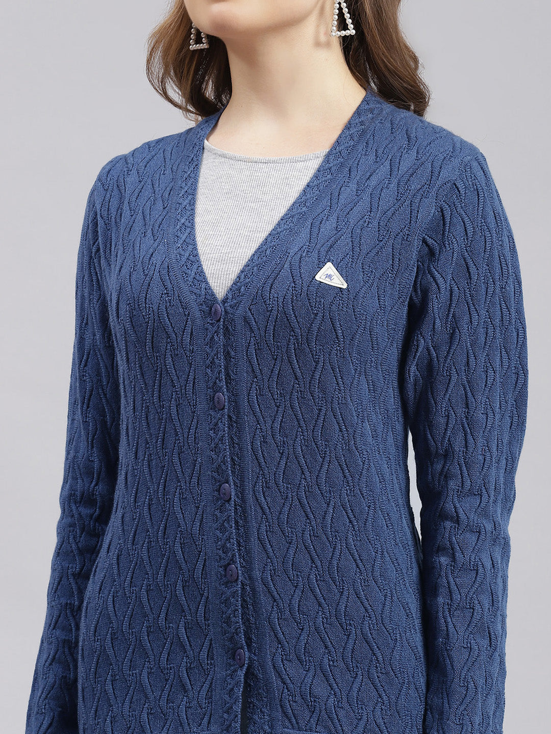 Women Blue Self Design Wool blend Cardigan