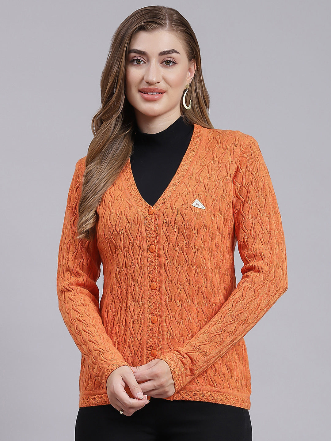 Women Orange Self Design Wool blend Cardigan