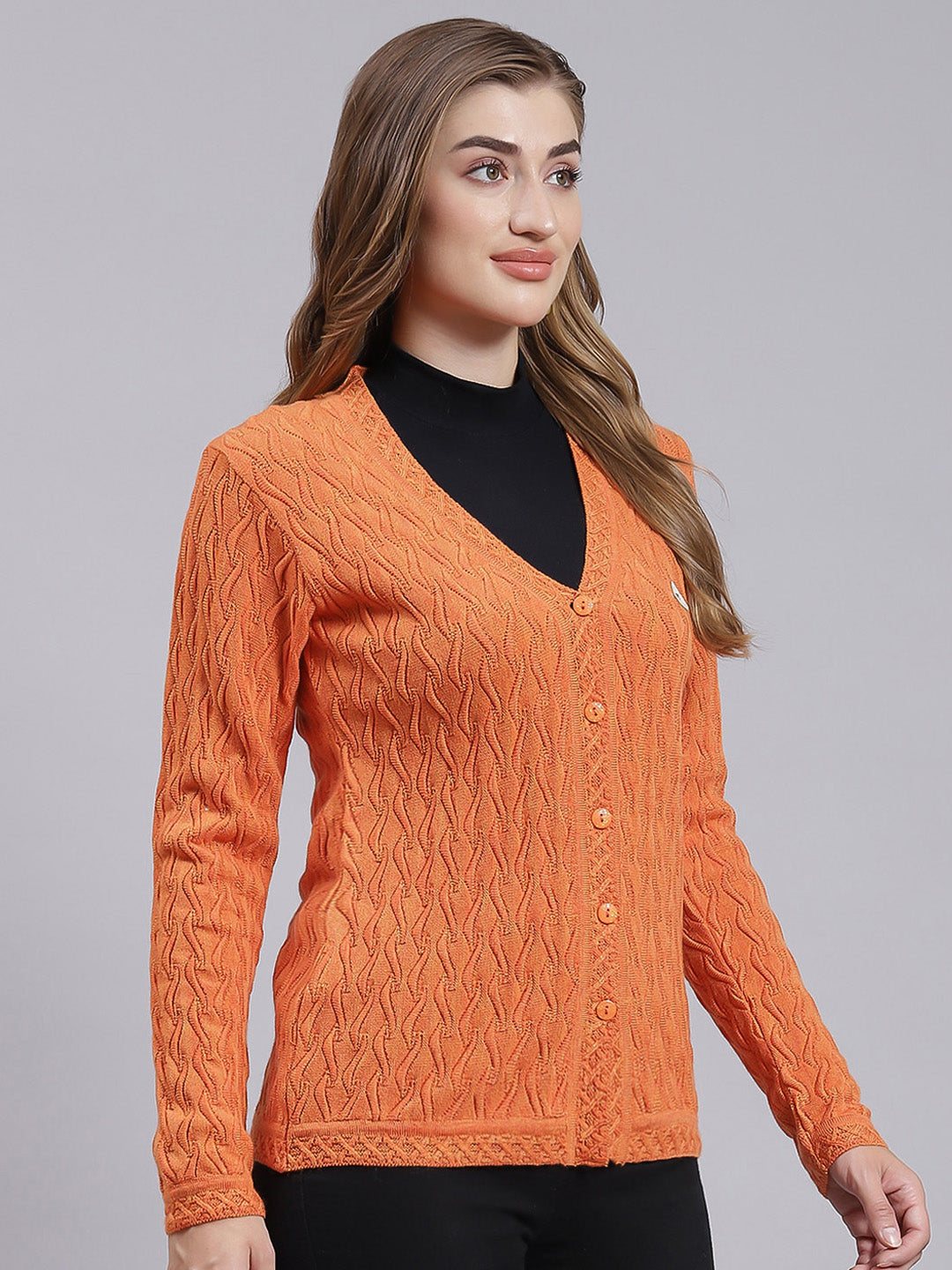 Women Orange Self Design Wool blend Cardigan