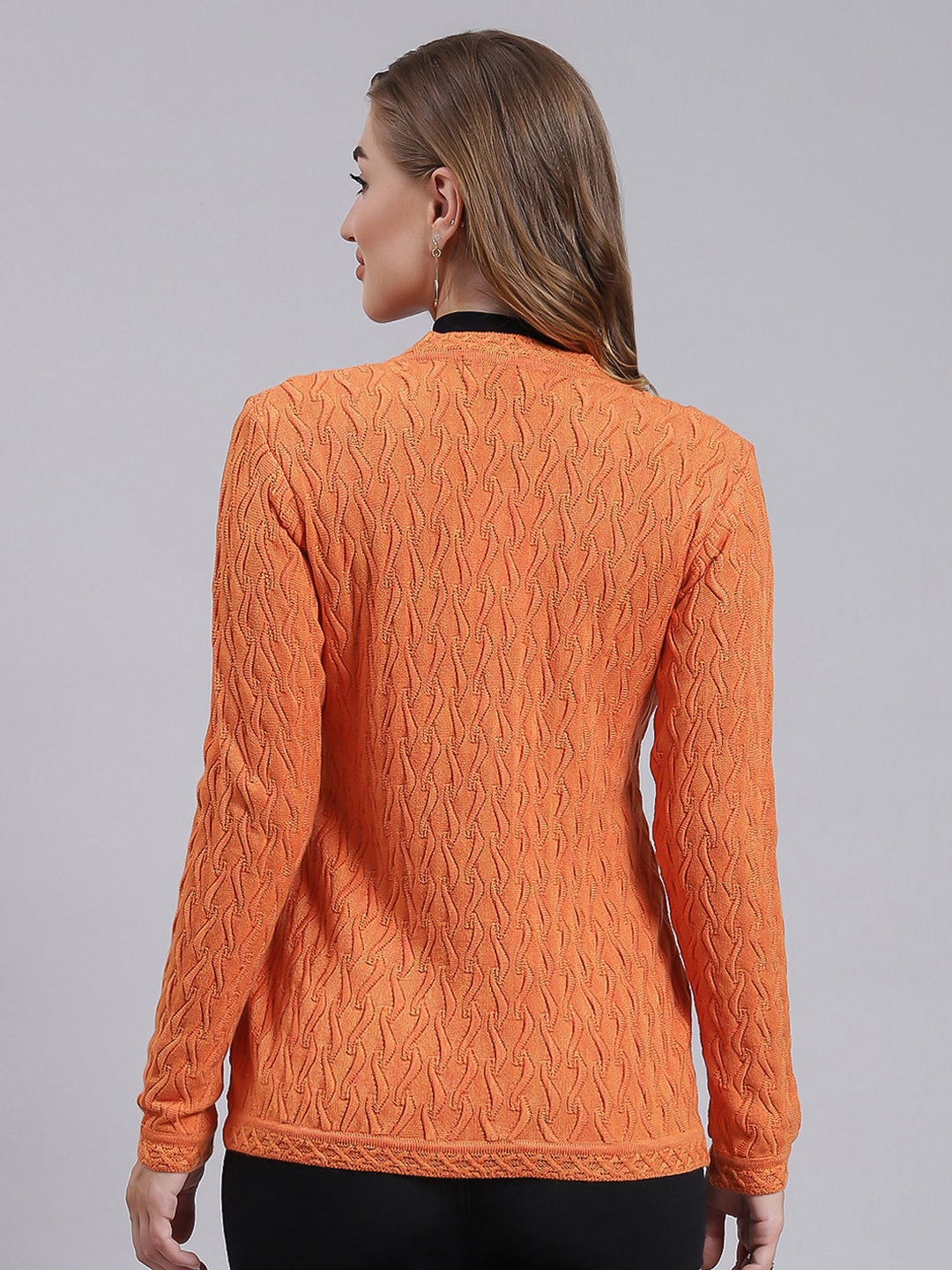 Women Orange Self Design Wool blend Cardigan