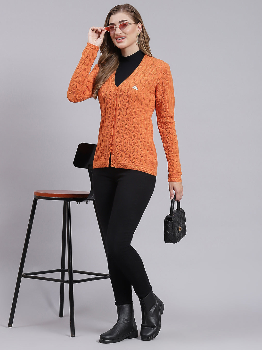 Women Orange Self Design Wool blend Cardigan