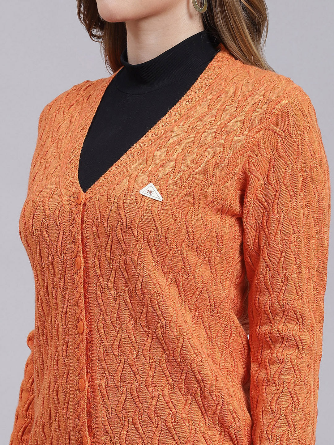 Women Orange Self Design Wool blend Cardigan