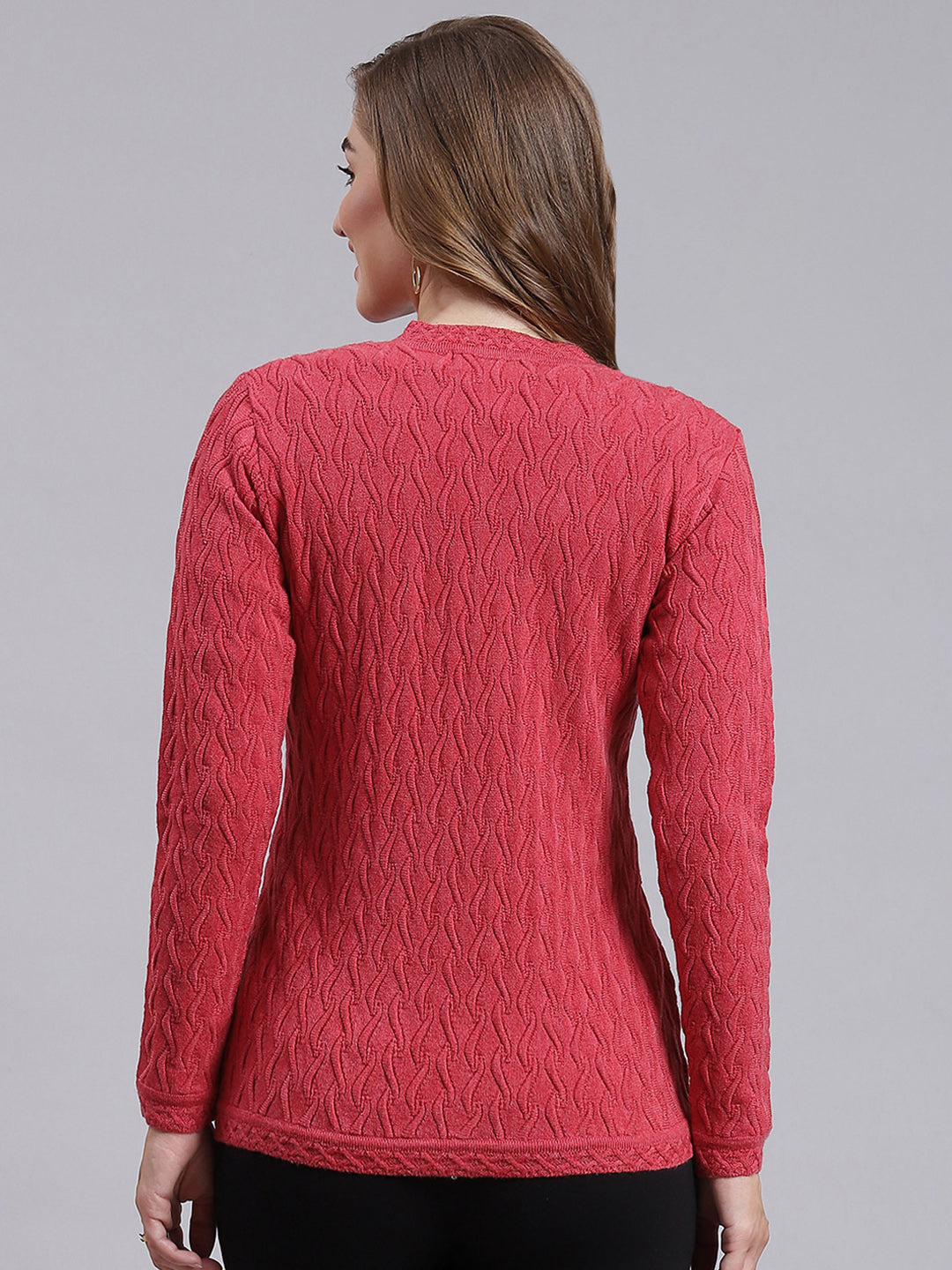 Women Coral Pink Self Design Wool blend Cardigan