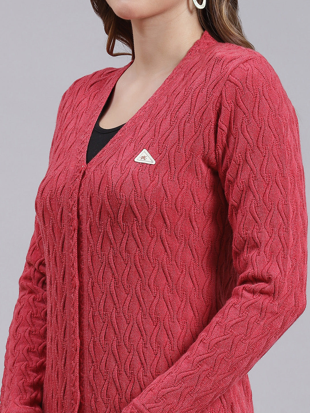 Women Coral Pink Self Design Wool blend Cardigan