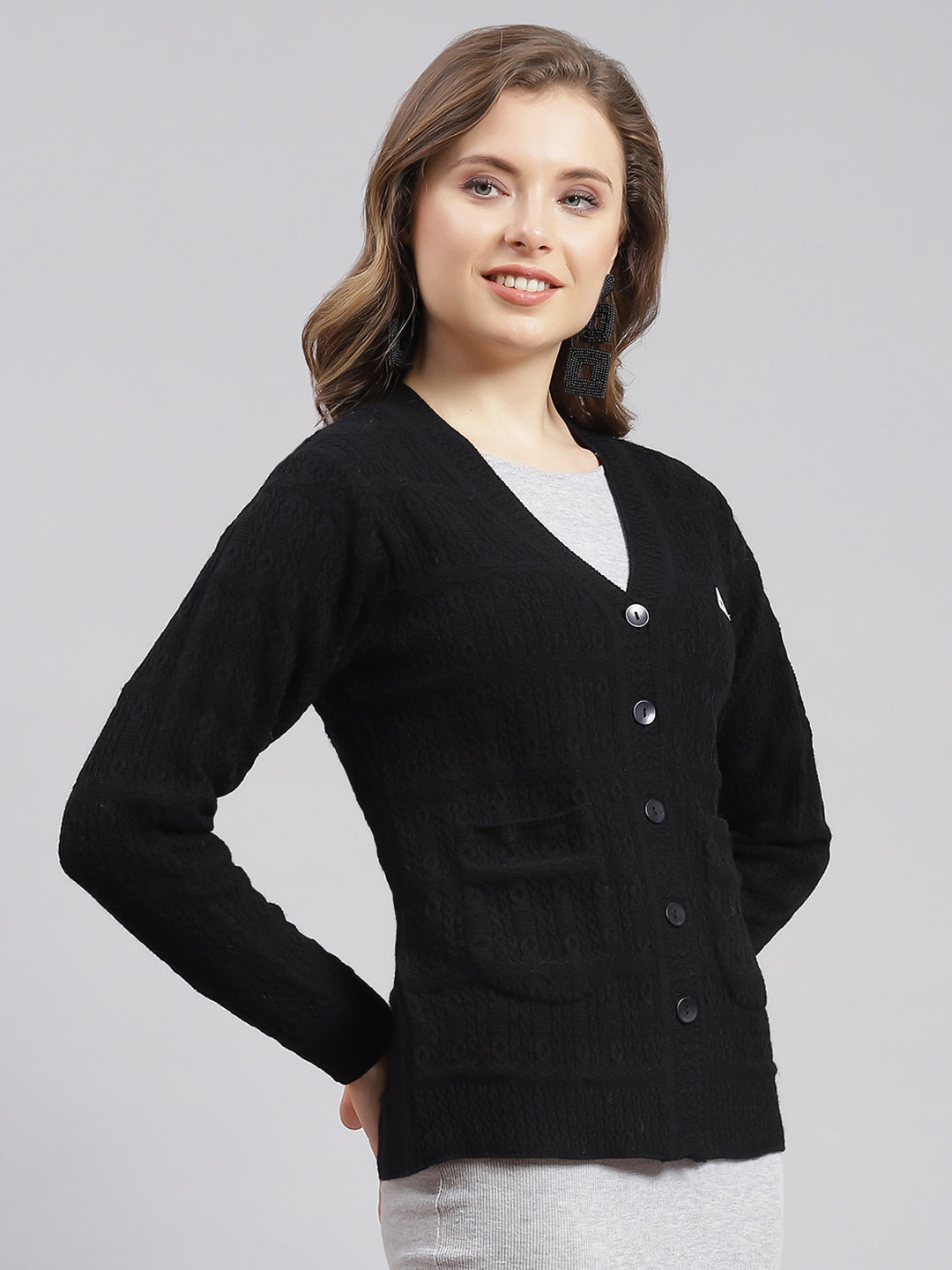 Women Black Self Design Wool blend Cardigan