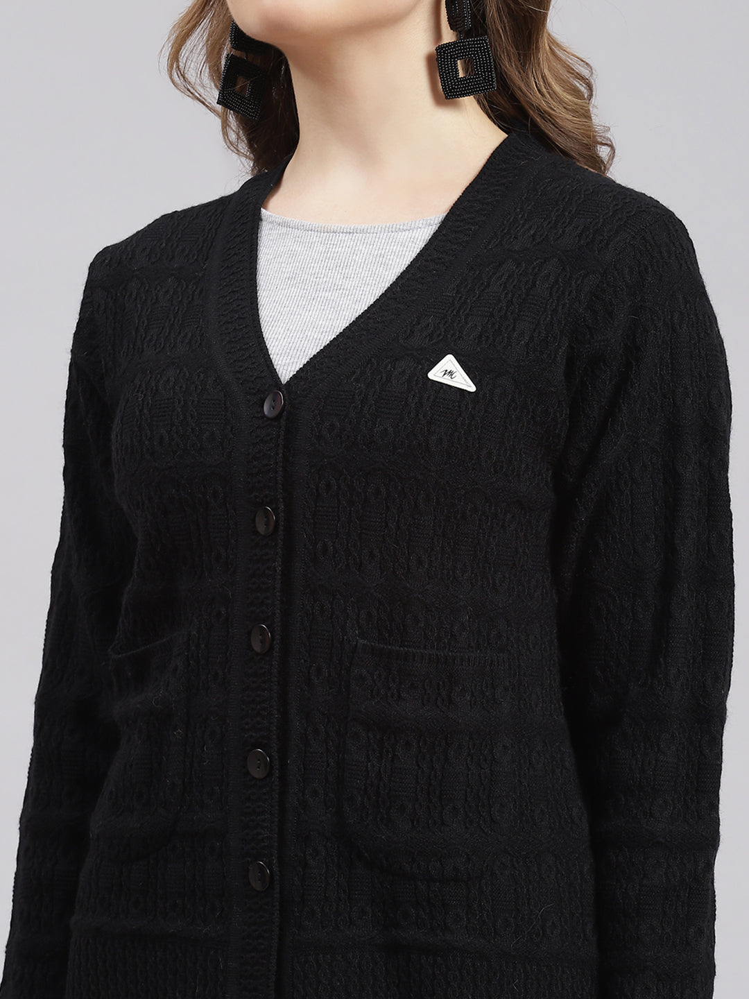 Women Black Self Design Wool blend Cardigan