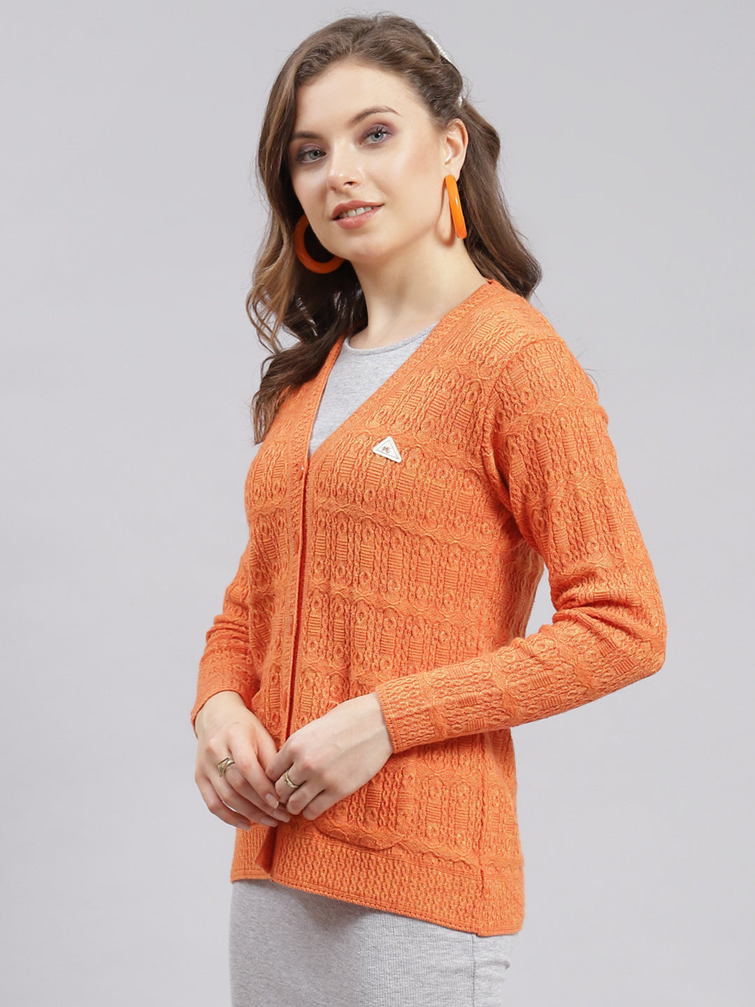 Women Orange Self Design Wool blend Cardigan