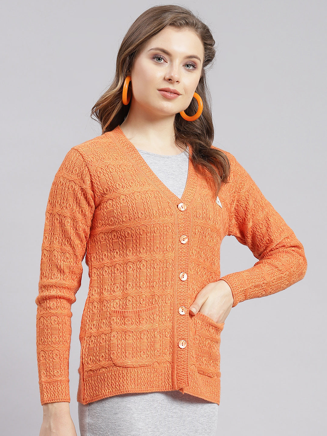 Women Orange Self Design Wool blend Cardigan