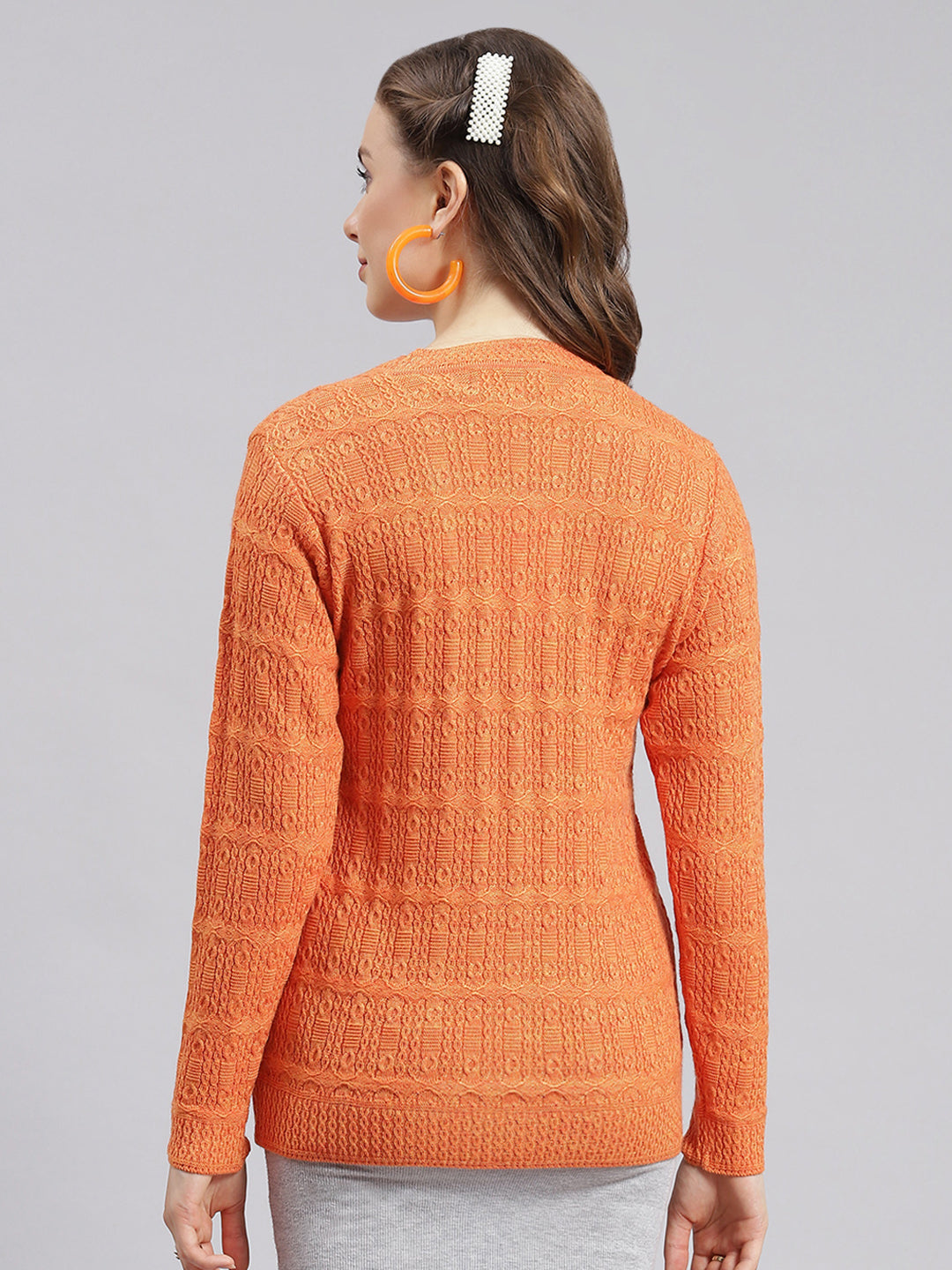 Women Orange Self Design Wool blend Cardigan