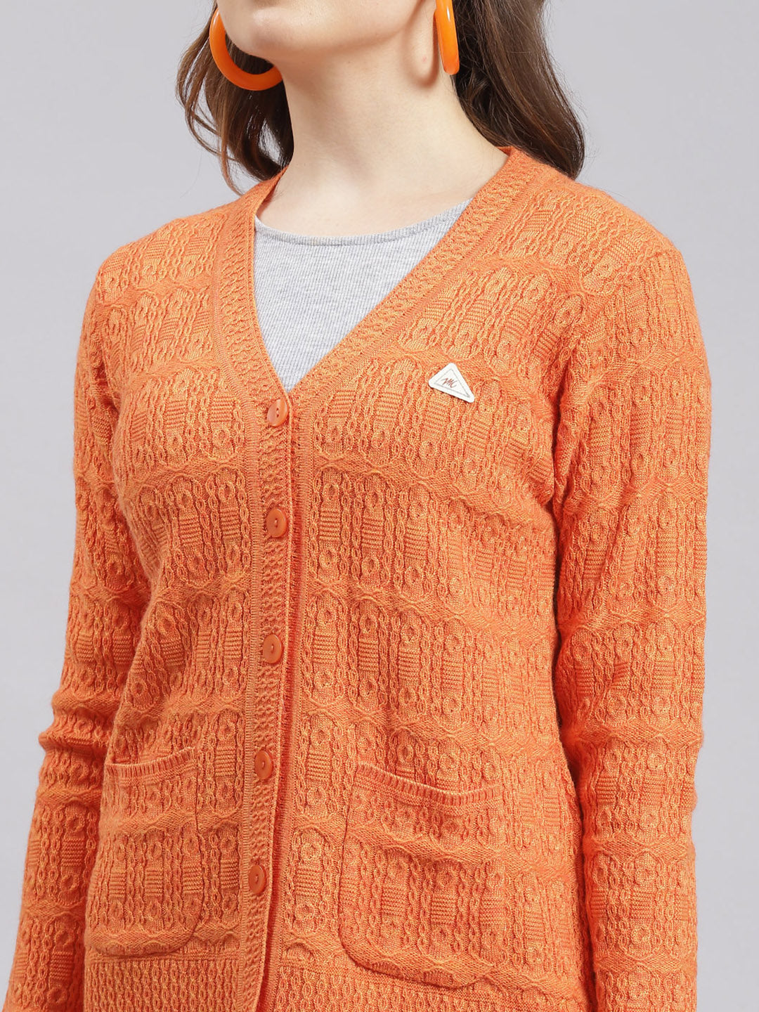 Women Orange Self Design Wool blend Cardigan