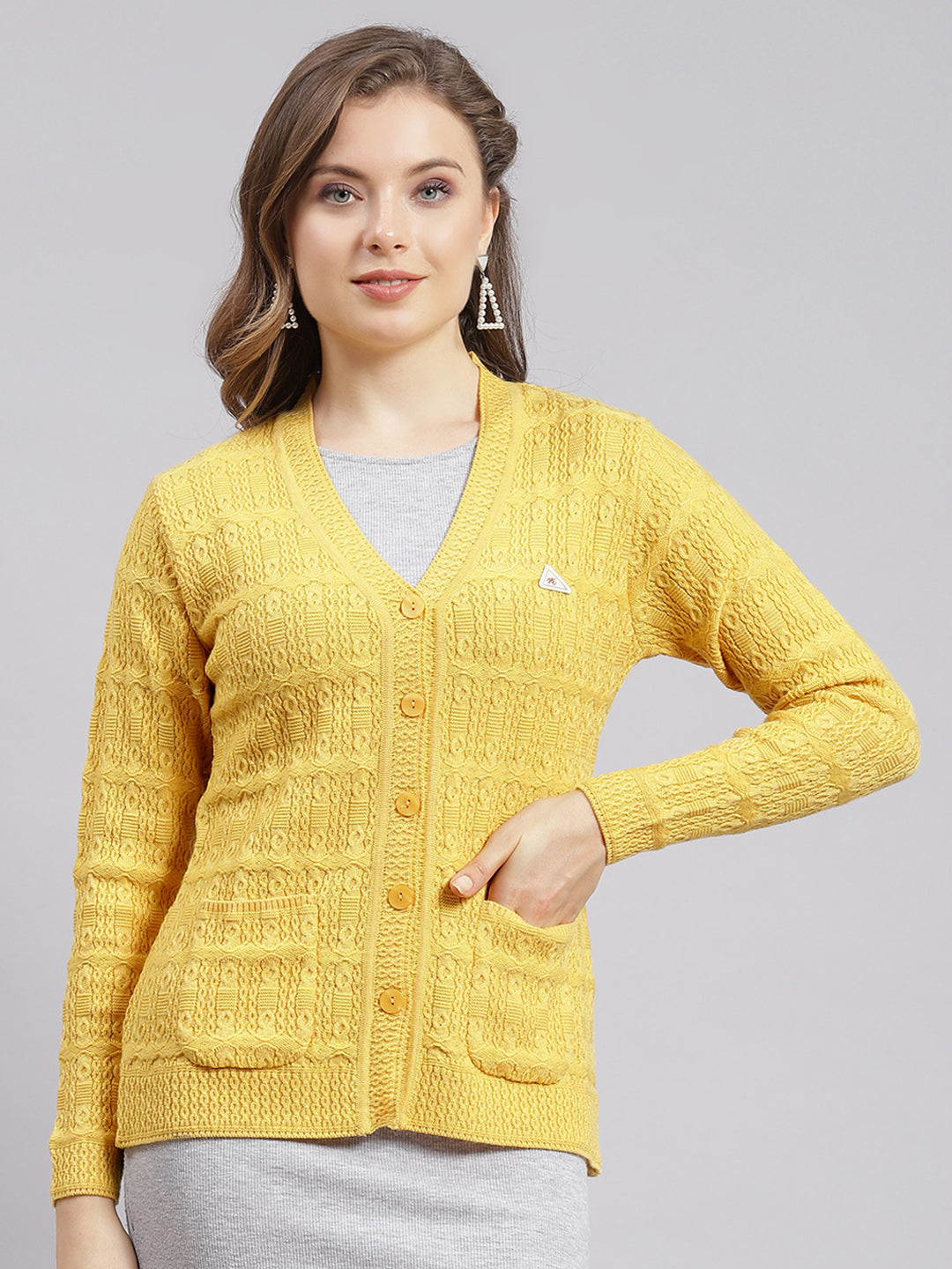 Women Yellow Self Design Wool blend Cardigan