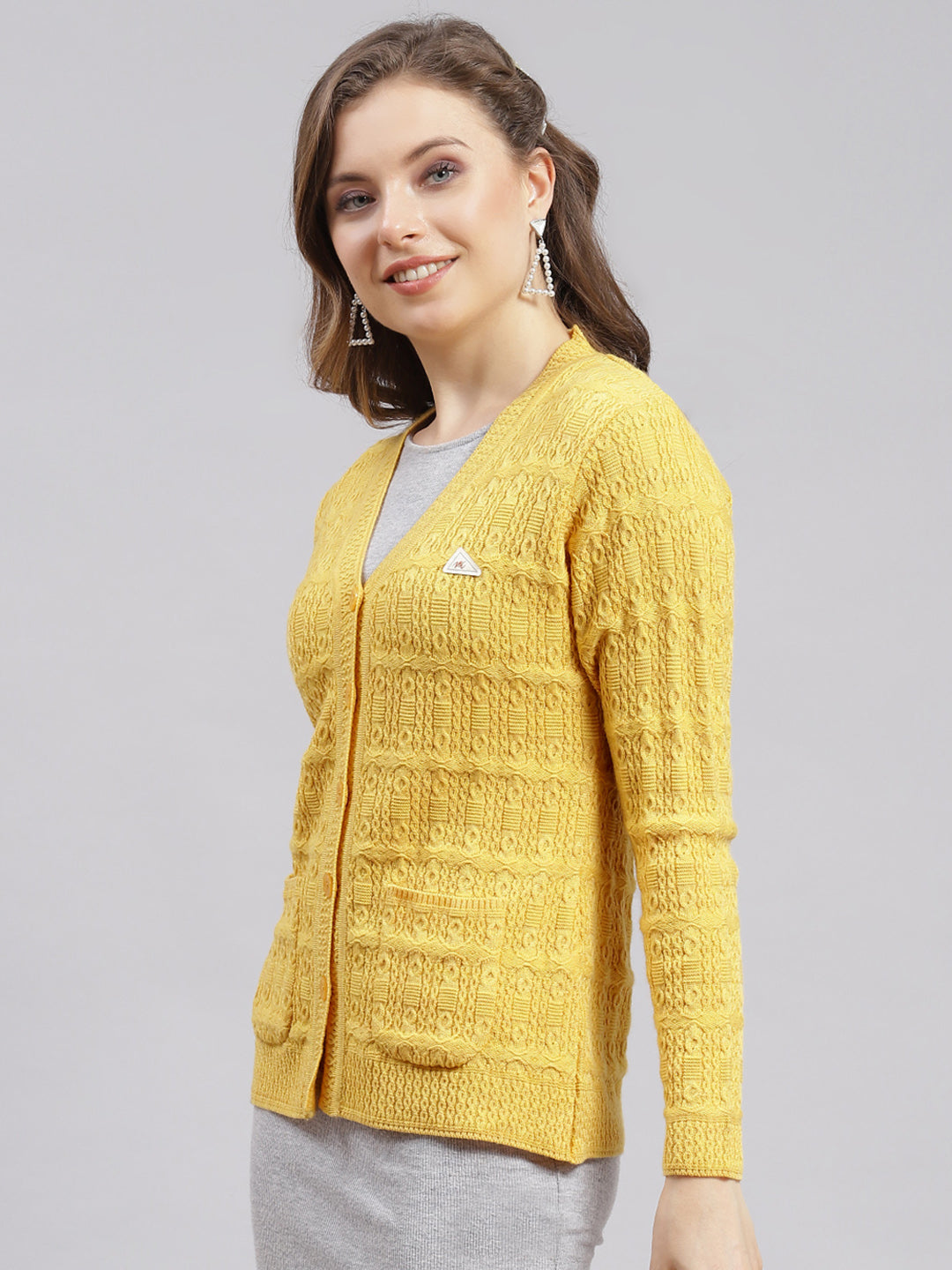 Women Yellow Self Design Wool blend Cardigan