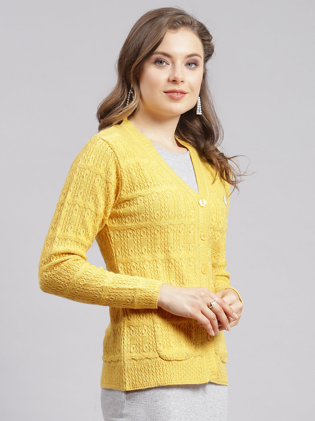 Women Yellow Self Design Wool blend Cardigan