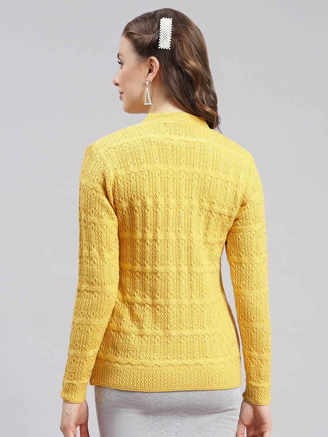 Women Yellow Self Design Wool blend Cardigan