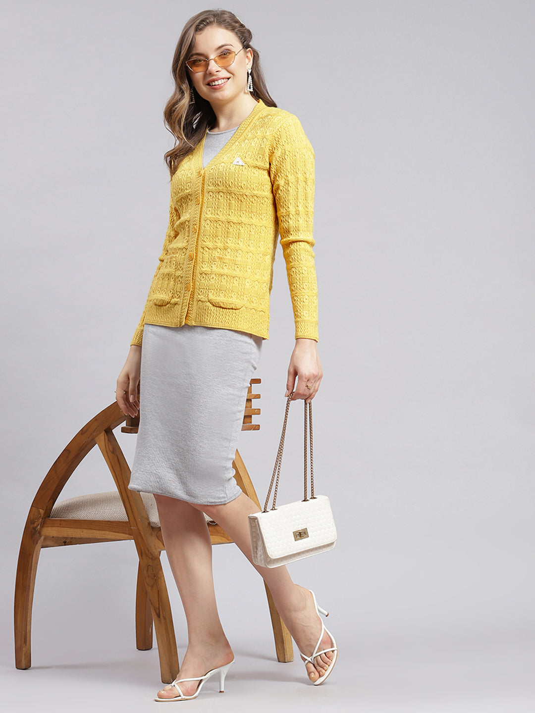 Women Yellow Self Design Wool blend Cardigan