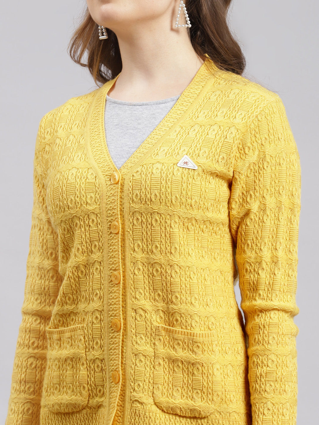 Women Yellow Self Design Wool blend Cardigan