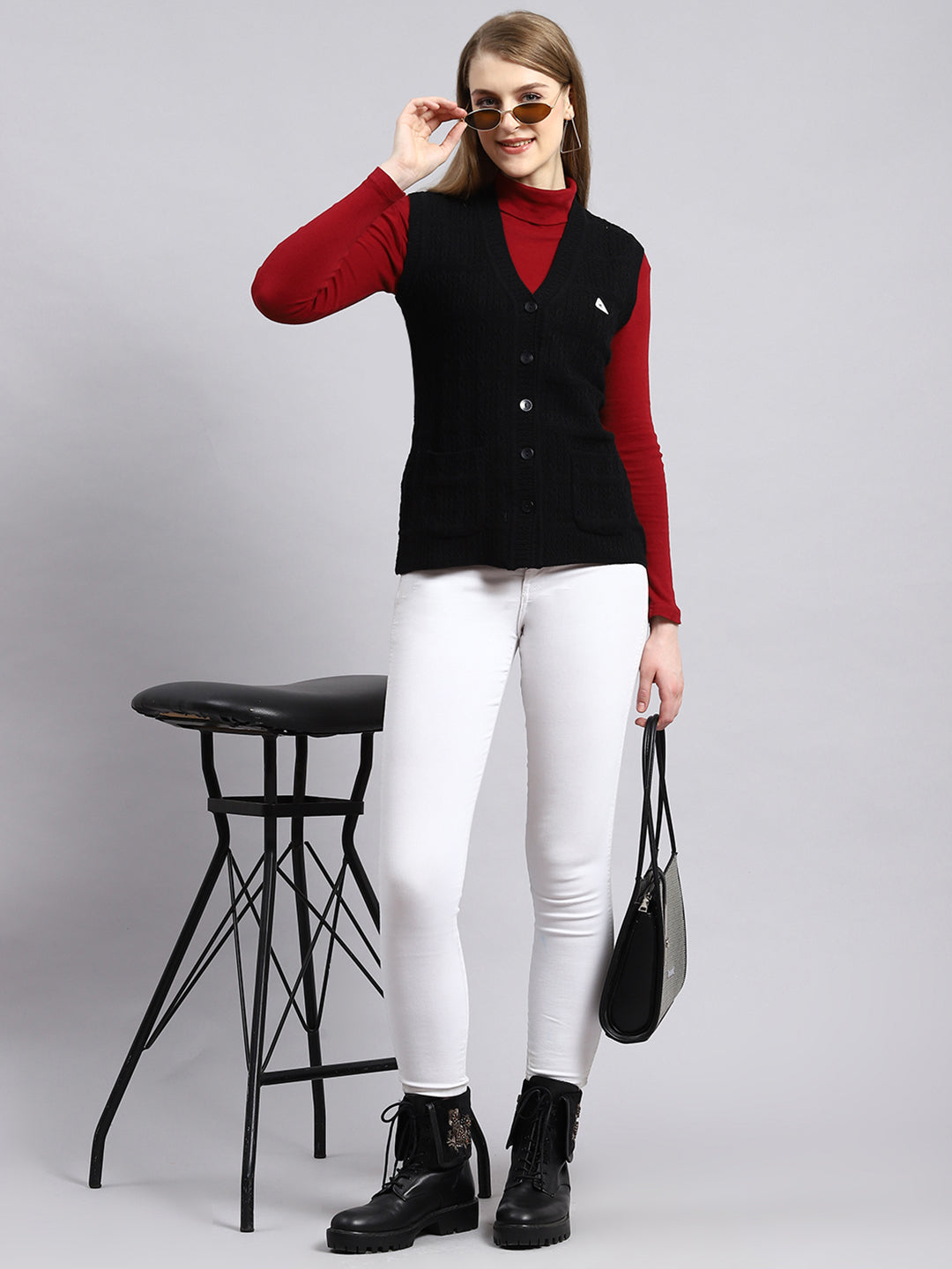 Women Black Self Cardigan