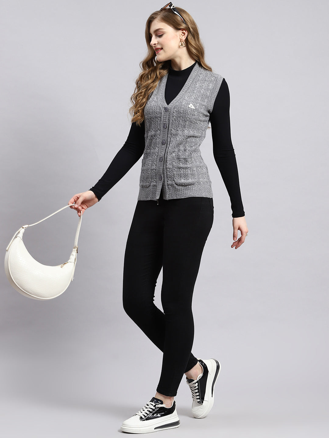 Women Grey Self Cardigan