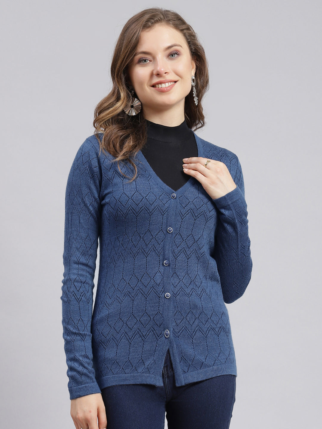 Women Blue Jaquard Wool blend Cardigan