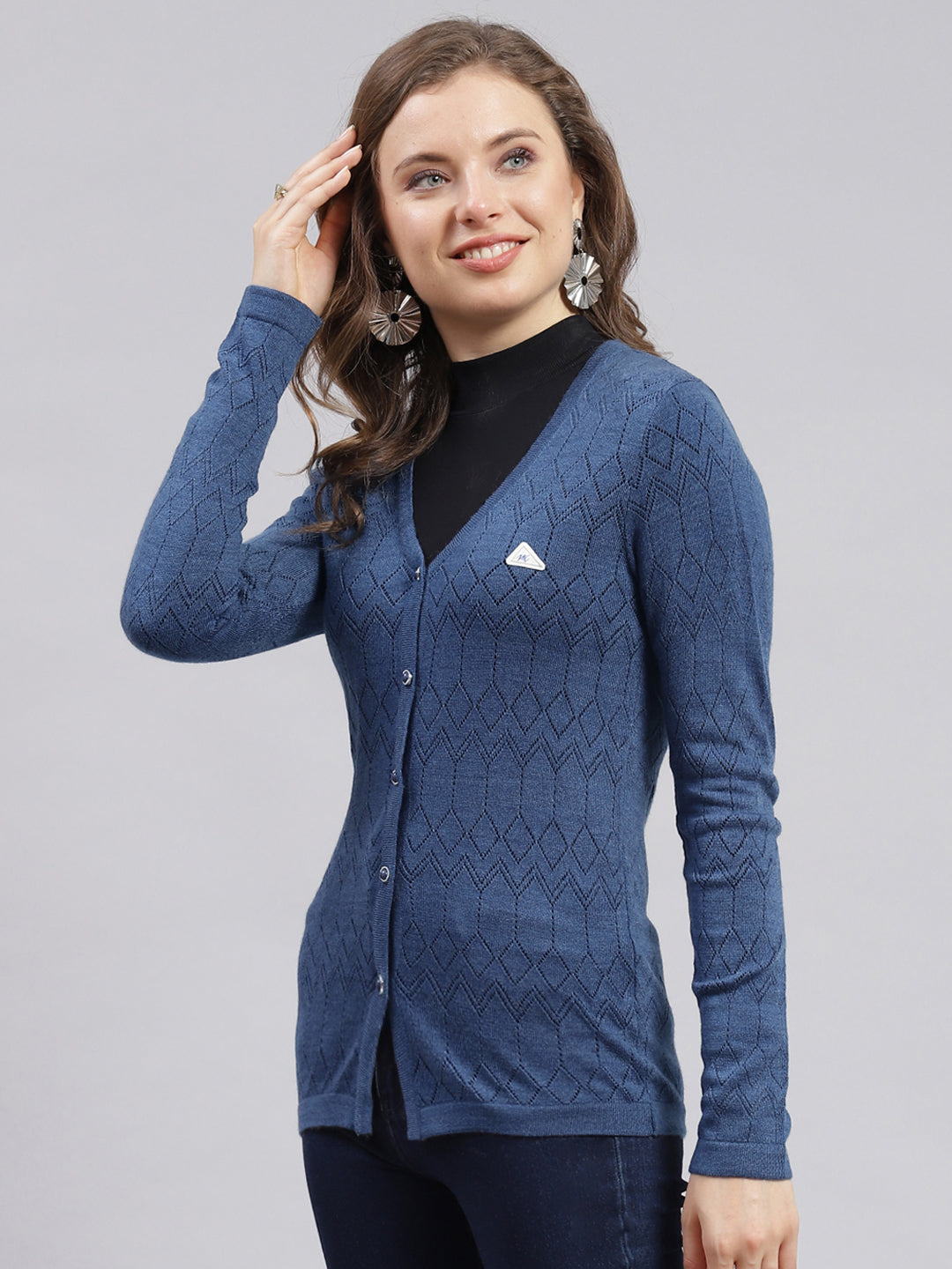 Women Blue Jaquard Wool blend Cardigan