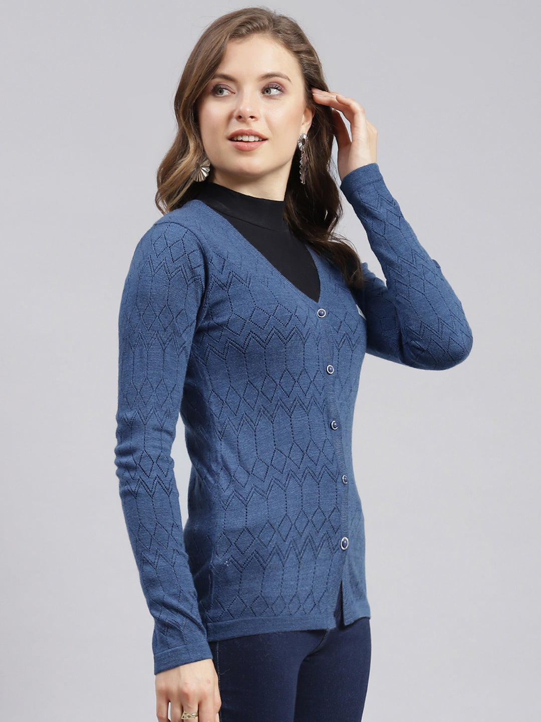 Women Blue Jaquard Wool blend Cardigan