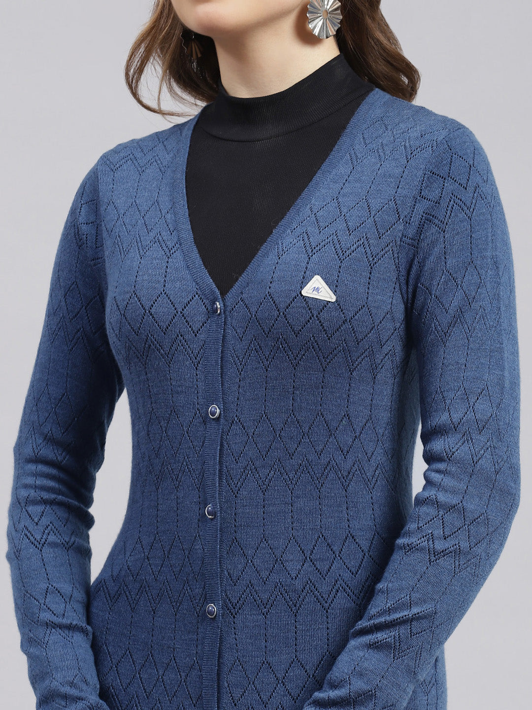 Women Blue Jaquard Wool blend Cardigan