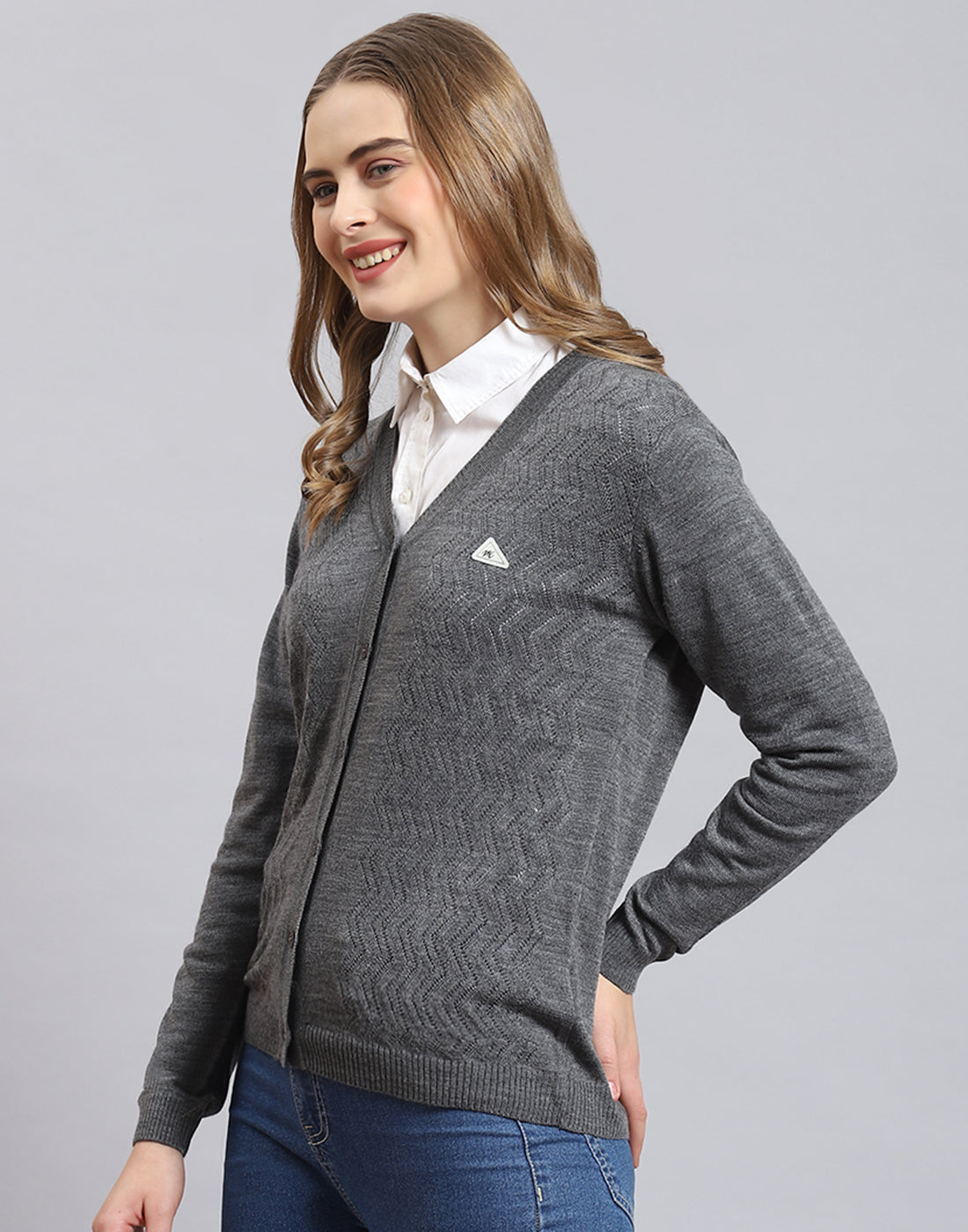 Women Grey Self Design V Neck Full Sleeve Cardigan