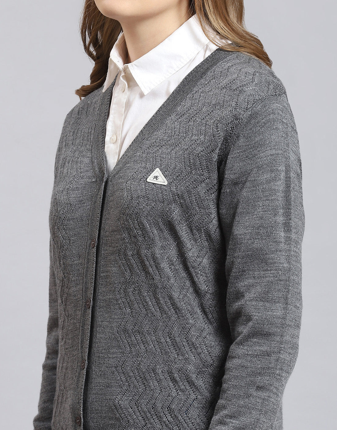 Women Grey Self Design V Neck Full Sleeve Cardigan