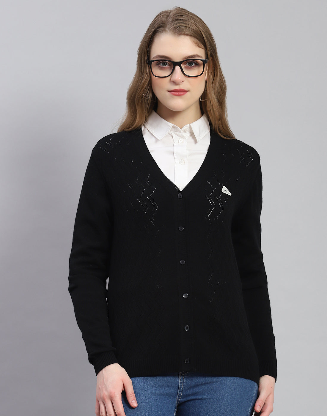 Women Black Self Design V Neck Full Sleeve Cardigan