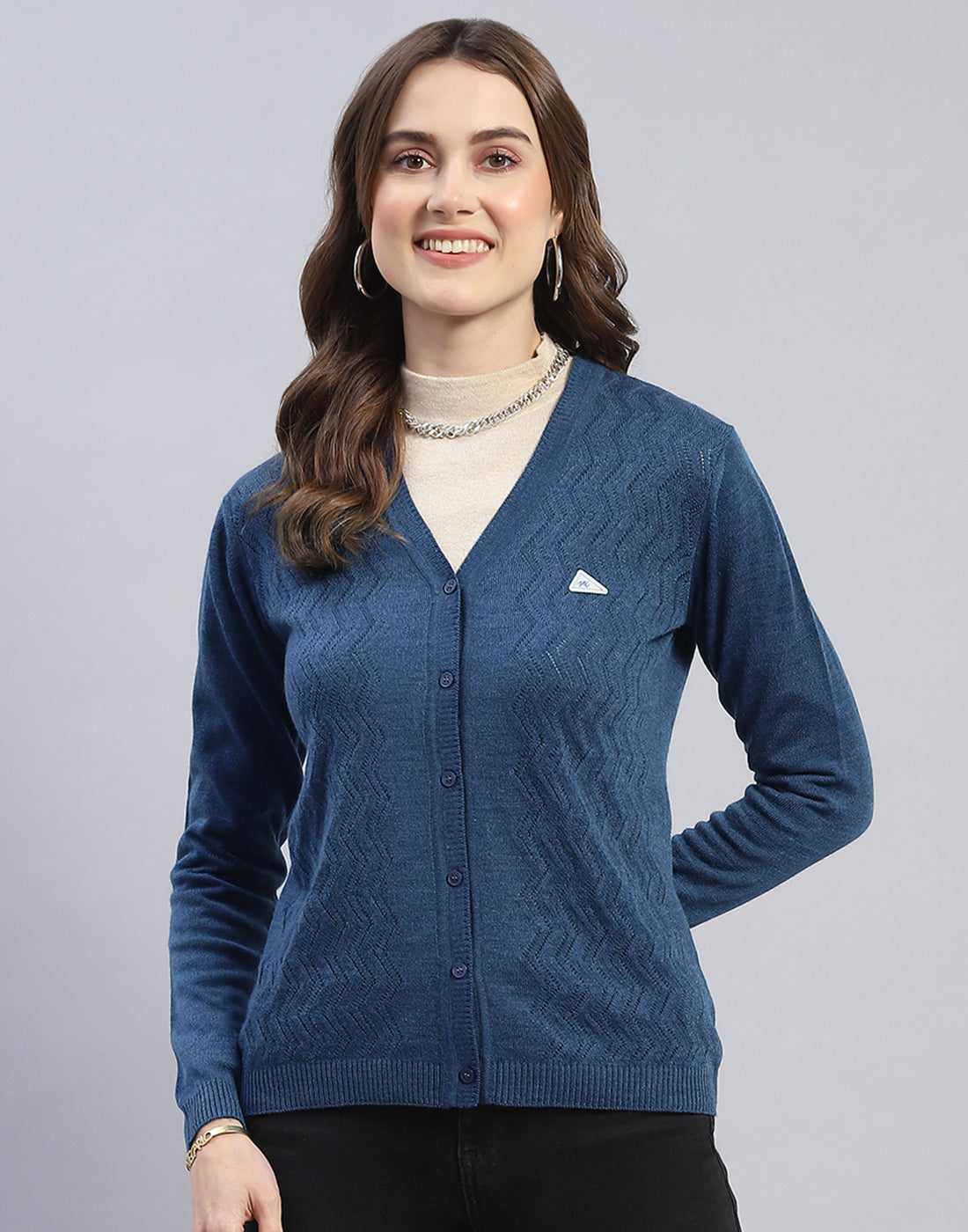 Women Blue Self Design V Neck Full Sleeve Cardigan