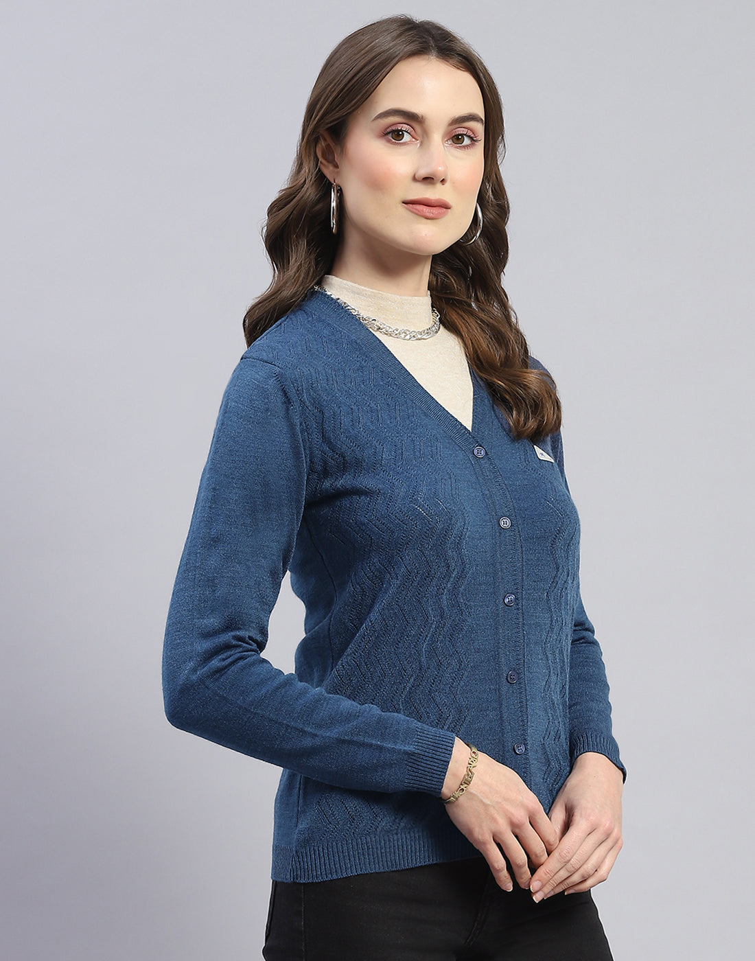 Women Blue Self Design V Neck Full Sleeve Cardigan