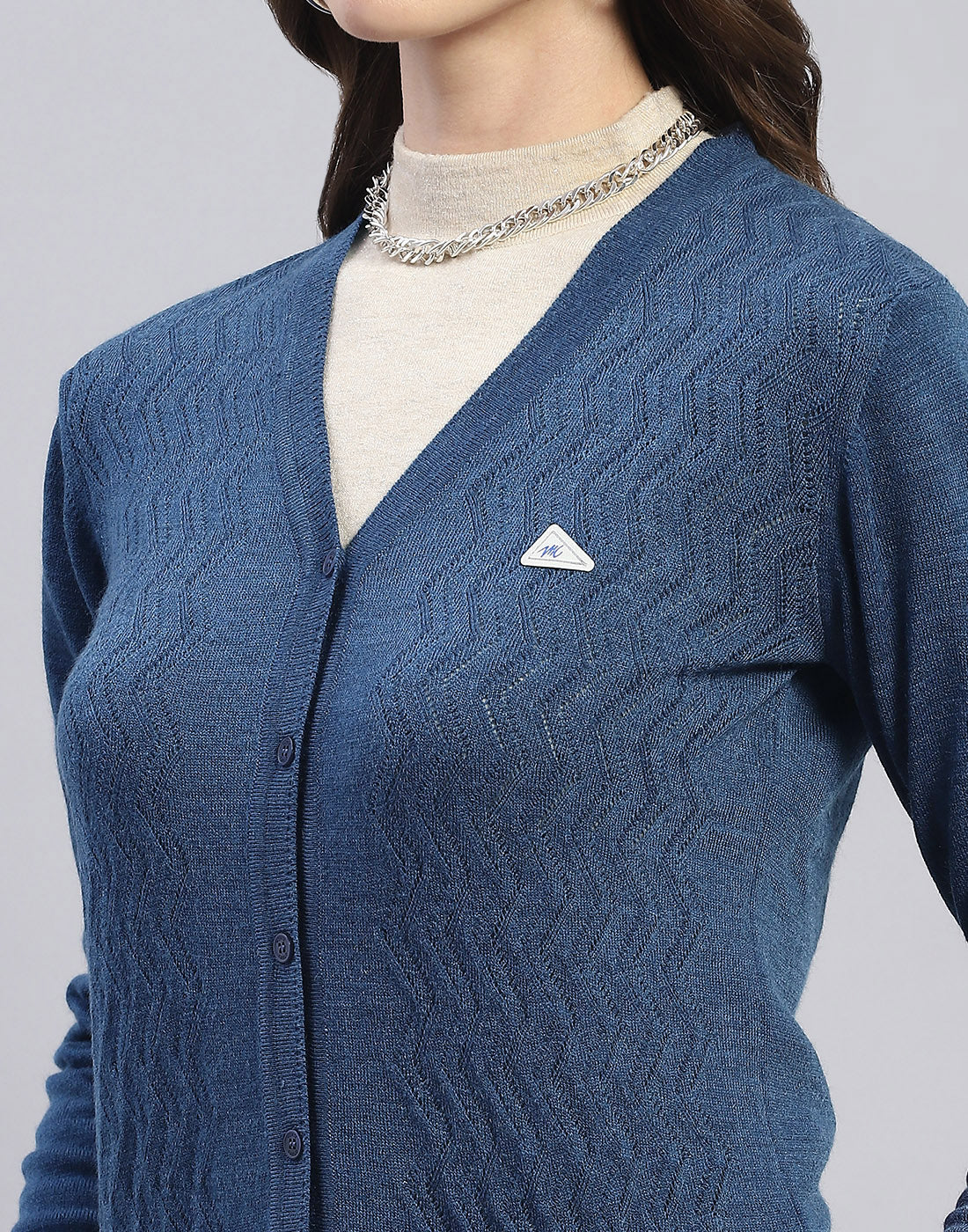 Women Blue Self Design V Neck Full Sleeve Cardigan