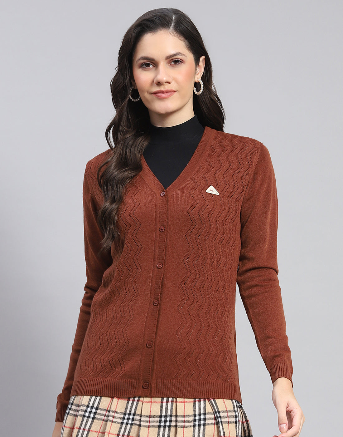 Women Brown Self Design V Neck Full Sleeve Cardigan