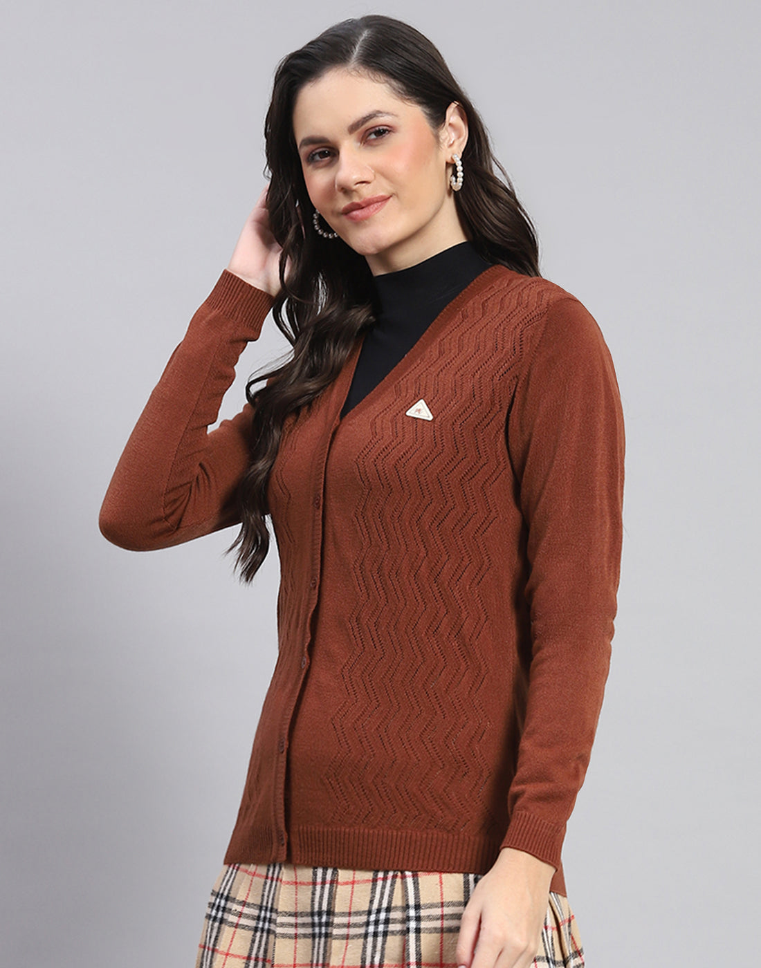 Women Brown Self Design V Neck Full Sleeve Cardigan