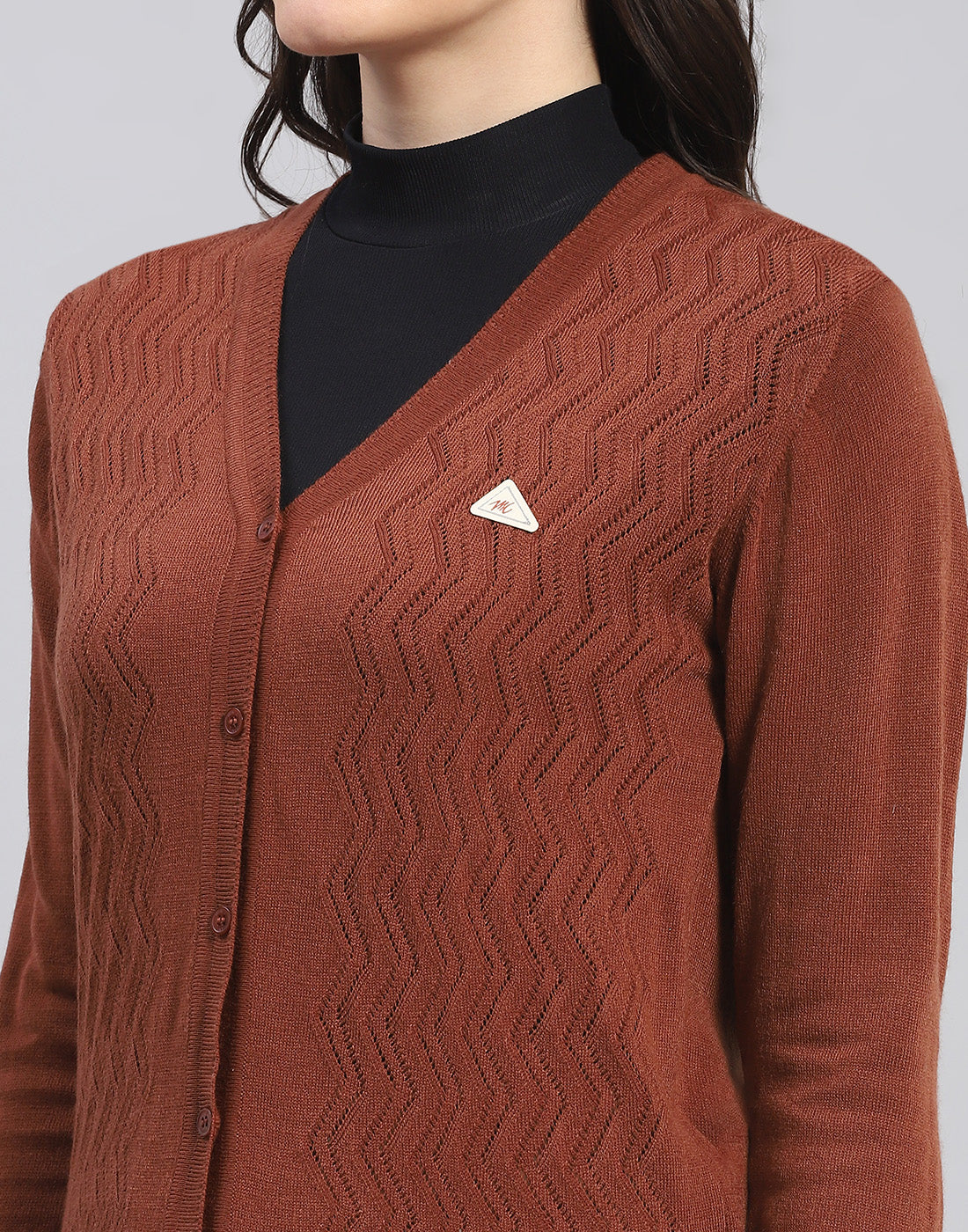 Women Brown Self Design V Neck Full Sleeve Cardigan