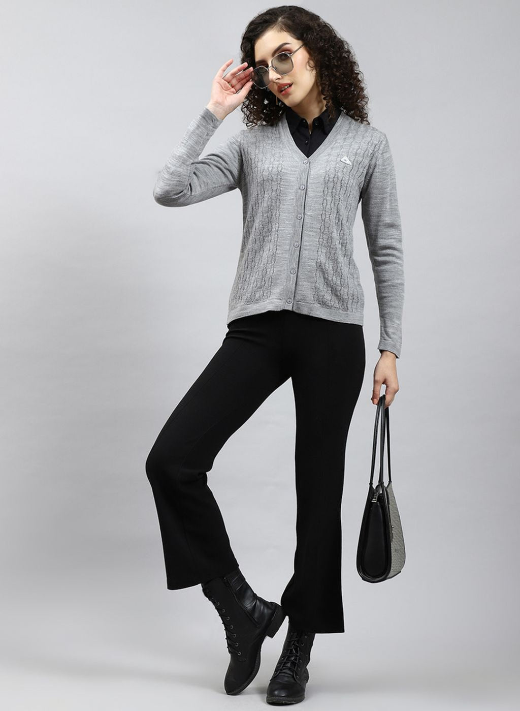 Buy Women Grey Self Design Wool blend Cardigan Online in India - Monte Carlo