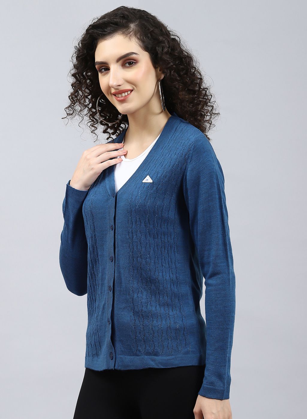 Women Blue Self Design Wool blend Cardigan