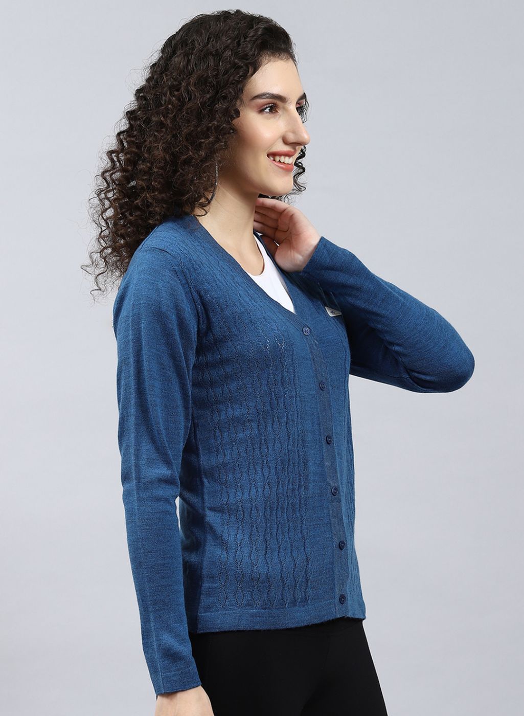 Women Blue Self Design Wool blend Cardigan