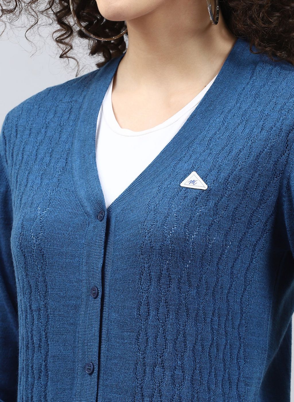 Women Blue Self Design Wool blend Cardigan